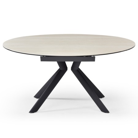 Table repas SOFIA 1500 ronde céramique travertin ouverte vue profil