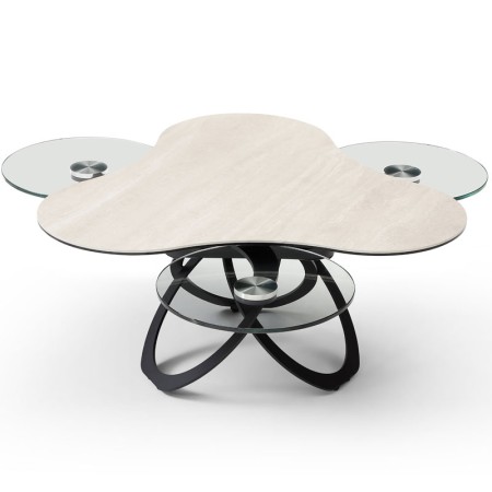 Table basse TREFLE pivotante ceramique Travertin ouverte