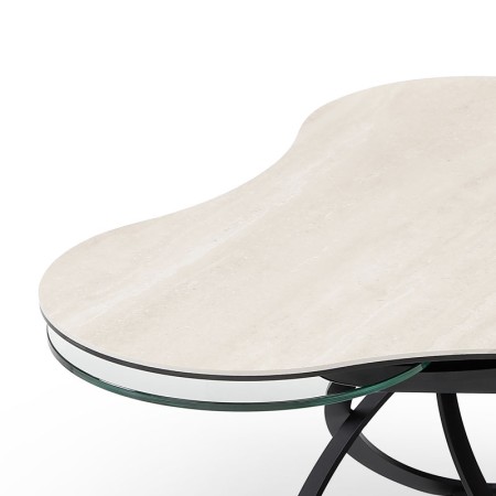 Table basse TREFLE pivotante ceramique Travertin et verre detail