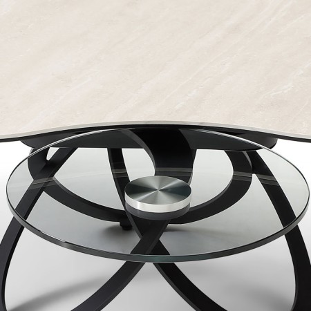 Table basse TREFLE pivotante ceramique Travertin detail plateau verre