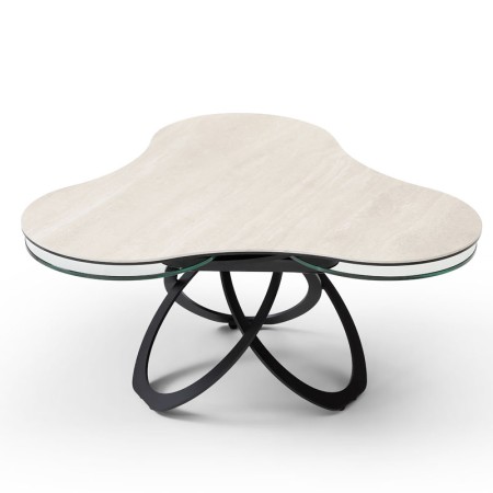 Table basse TREFLE pivotante ceramique Travertin fermee