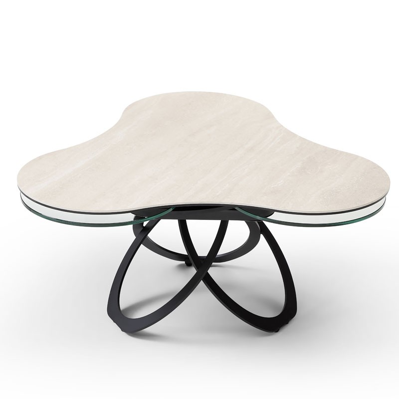 Table basse TREFLE pivotante ceramique Travertin fermee
