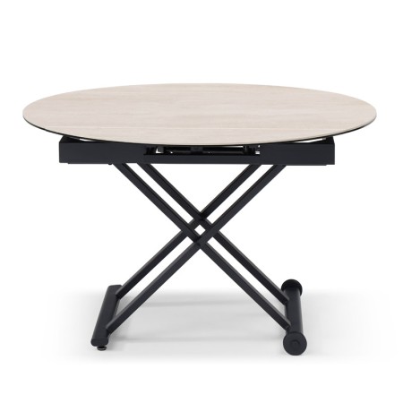 table relevable stand up ouverte position haute plateau céramique travertin