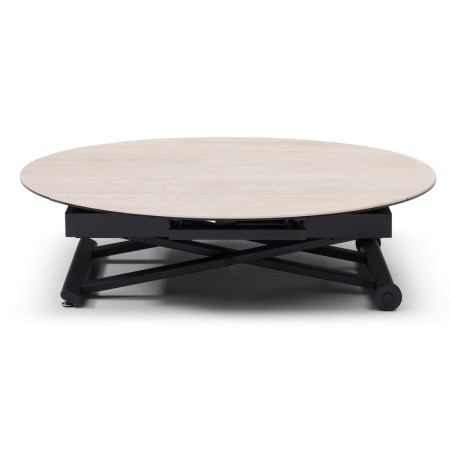 table basse relevable stand up ouverte position basse céramique travertin