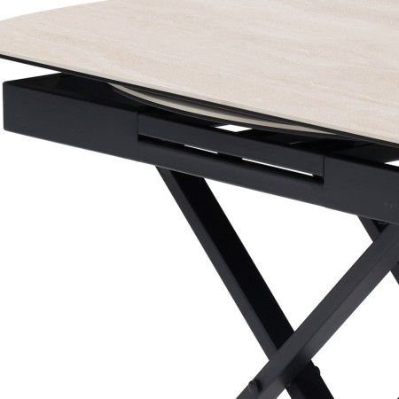 table relevable stand up détail fermée position haute plateau céramique travertin