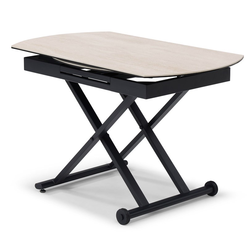 table relevable stand up fermée position haute plateau céramique travertin