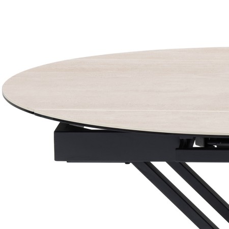 table relevable stand up ouverte position haute détail plateau céramique travertin