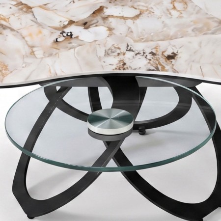 Table basse TREFLE pivotante detail ceramique patagonia detail plateau verre