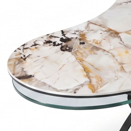 Table basse TREFLE pivotante detail ceramique patagonia et verre detail