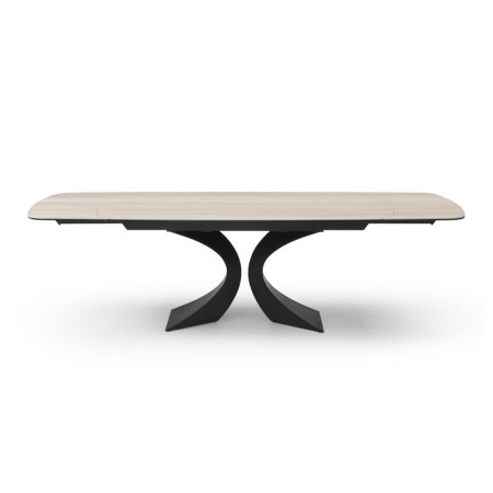 table repas OLYMPIA pied metal ceramique travertin ouverte